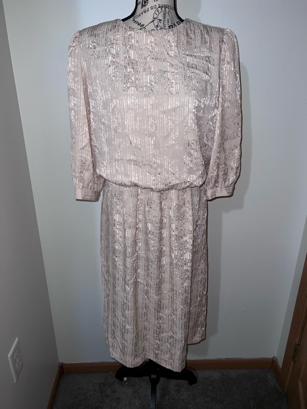VTG Lady Carol of New York Metallic Gold Floral Jacquard Blouson Dress 14